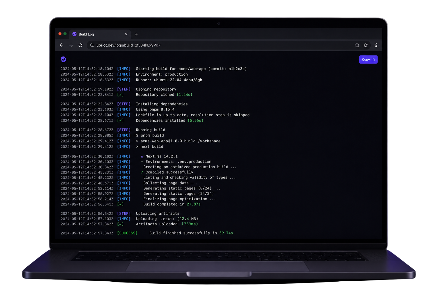 Ubriot build log terminal on a laptop